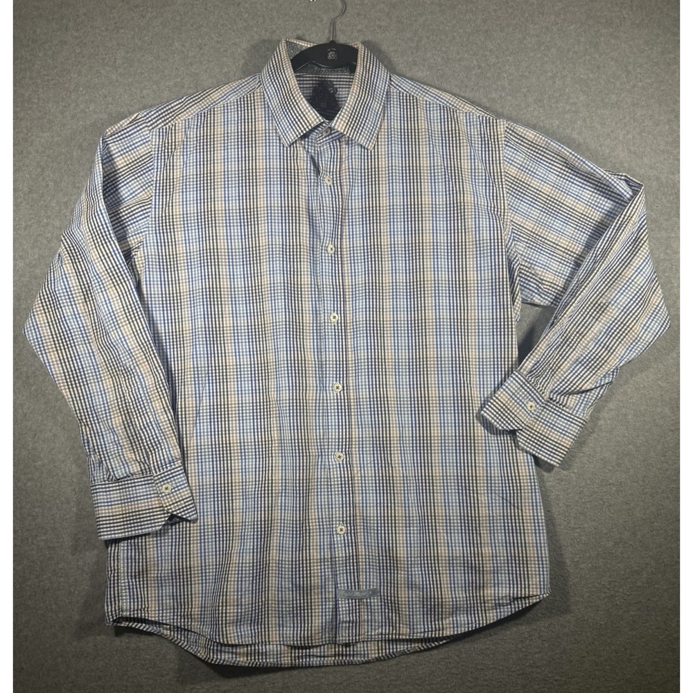 English Laundry Men's Blue Plaid Check Long Sleeve Button Down Shirt 17.5 34/35